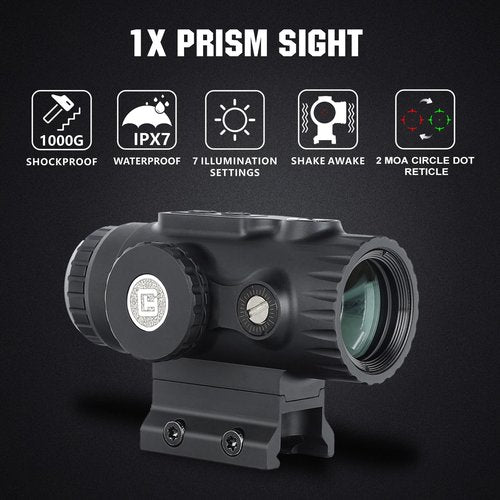 ohhunt 1X Prism Scope 2 MOA Circle Dot Red Green Retical Sight Three Style Mount Low Profile Absolute Co-Witness Lower 1/3 Co-Witness