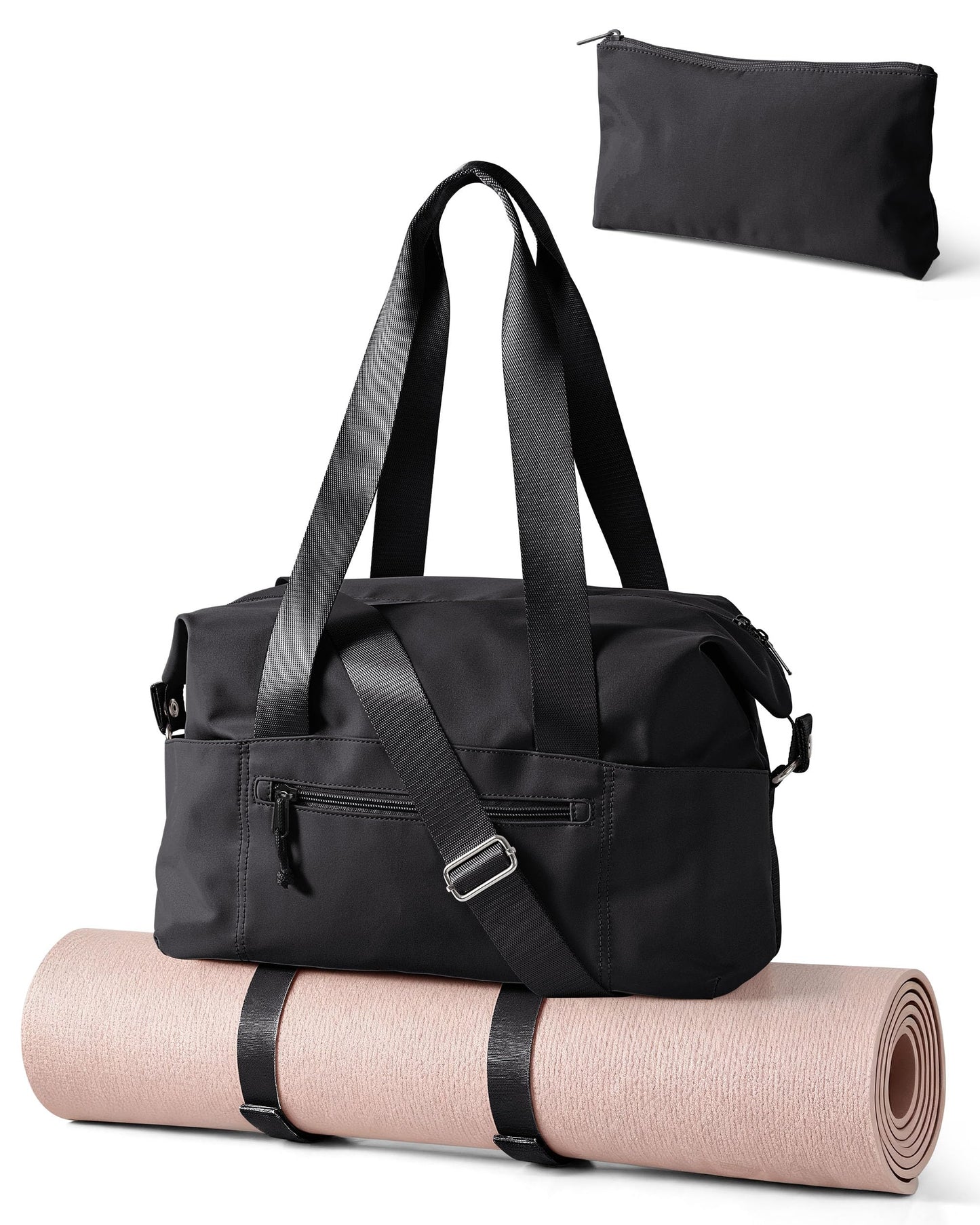 Smasrob Small Gym Bag with Yoga Mat Holder, Wet Pocket and a Separate Pouch, Small Gym Duffle Bag for Women with Detachable Crossbody Shoulder Strap, Black