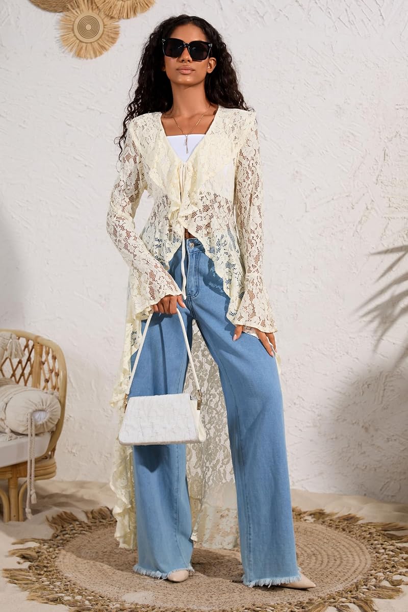 Lace Cardigan for Women Maxi - Open Front Tie Bell Sleeve Duster Cover Up Beige Large