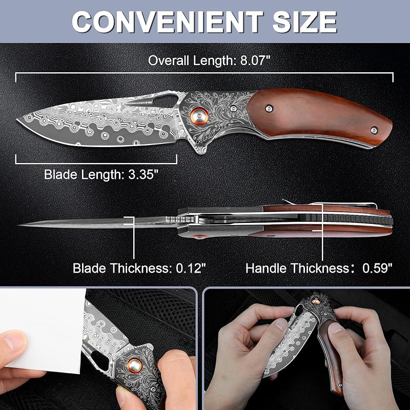 Damascus Pocket Knife with Rosewood Handle & Leather Sheath - 8.07in, DMPH