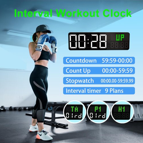 LUCORB 12'' Gym Clock, Interval Workout Digital Wall Clock with Seconds Date for Home Gym, 5 Display Modes | Remote Countdown Timer, Stopwatch | 4 Alarms fit Classroom Living Room Office