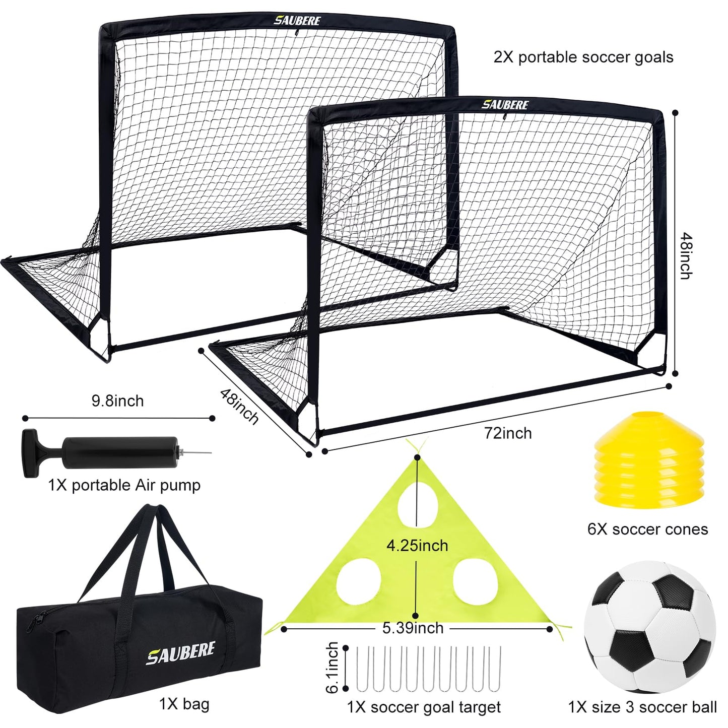 6x4 ft Kids Soccer Goals for Backyard Set of 2- Portable Pop Up Soccer Net for Backyard for Kids Toddler Youth, Soccer Training Equipment+ Soccer Goal Target, Ball and Cones, Outdoor Soccer Games