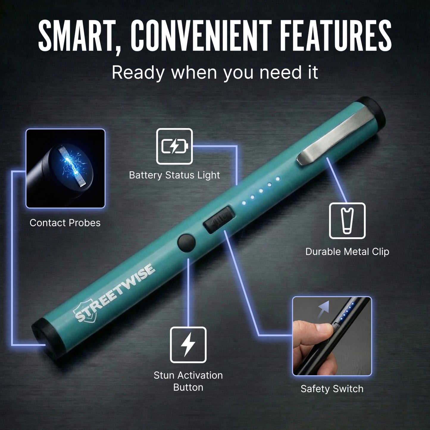 Streetwise Pain Pen 25,000,000 Volts Stun Gun for Self Protection - Tactical Stun Pen for Women and Men, USB Rechargeable, Battery Indicator, Durable Clip, Compact and Concealable for Protection