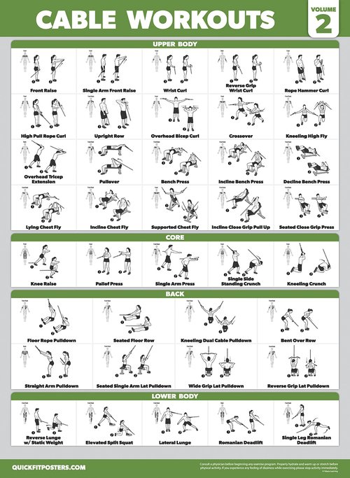 4 Pack - Cable Machine Workout Posters Volume 1 & 2 + Dumbbell Exercises + Barbell Exercises (LAMINATED, 18" x 24")