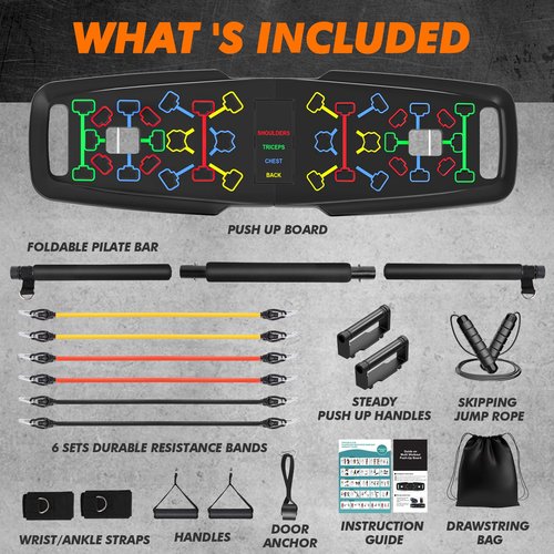 KUYOU Portable Home Gym Workout Equipment, Push Up Board, Pilates Bar & Fitness Accessories with Resistance Bands for Upper Body Strength Training Full Body Workout at Home