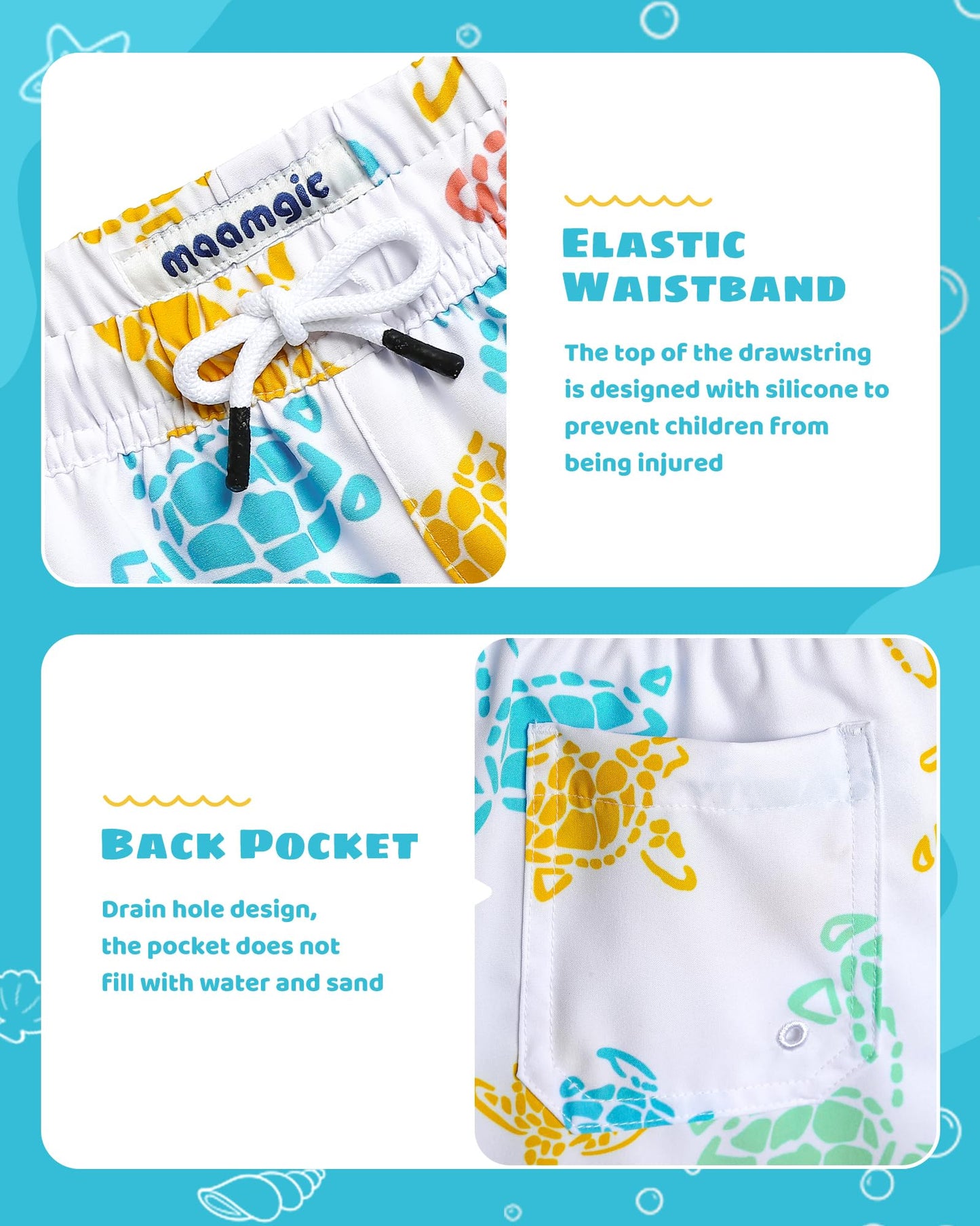 maamgic Boys Swim Trunks with Compression Liner Toddler Stretch Swim Shorts Quick Dry Swimming Trunks Boxer Brief 2 in 1 Beach Shorts White Colorful Turtles 7