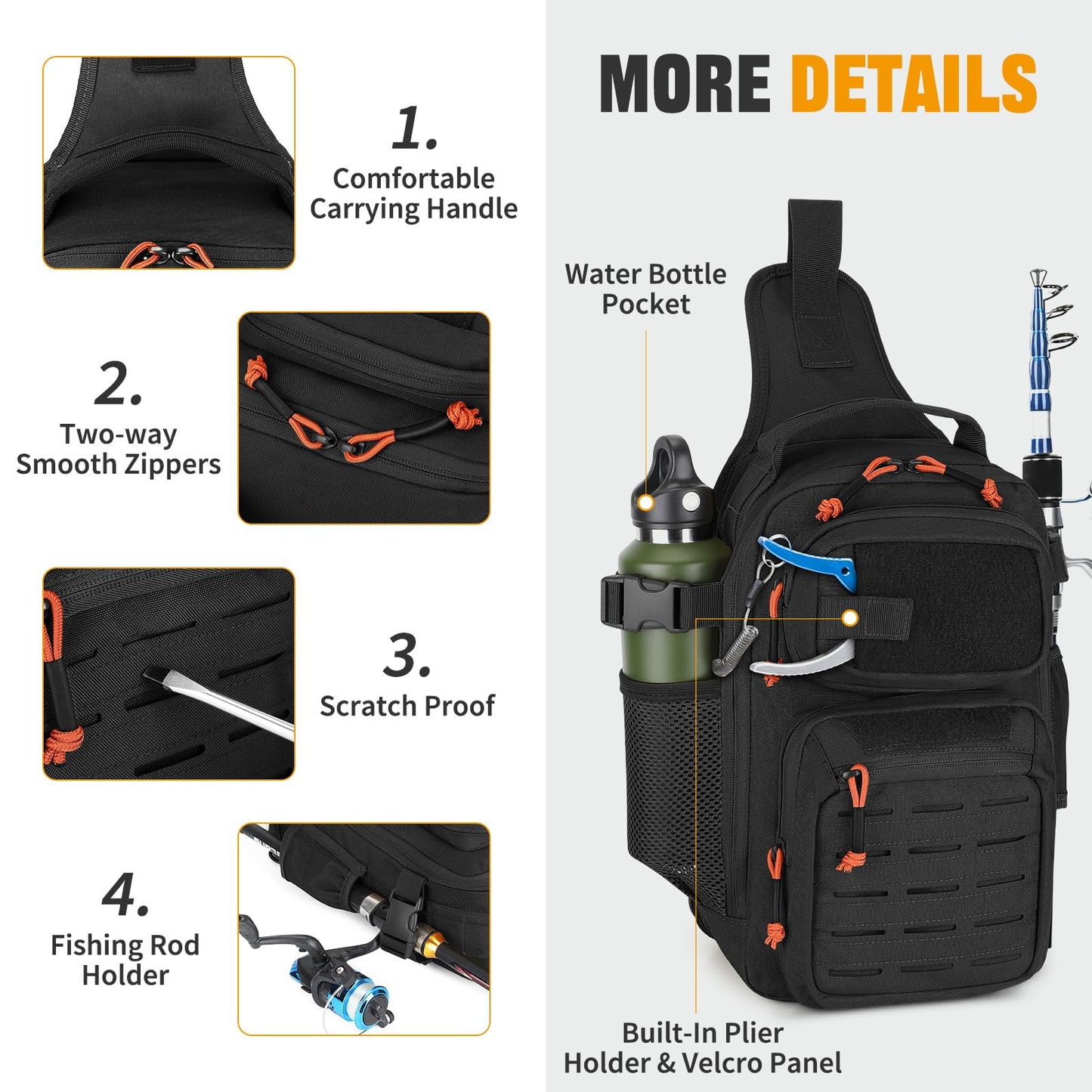 HUNTVP Fishing Sling Bag Lightweight Tackle Bag Small Fishing Backpack Tactical Shoulder Sling Bags with Rod Holder, Storge Gear and Equipment, Gifts for Men (Black)