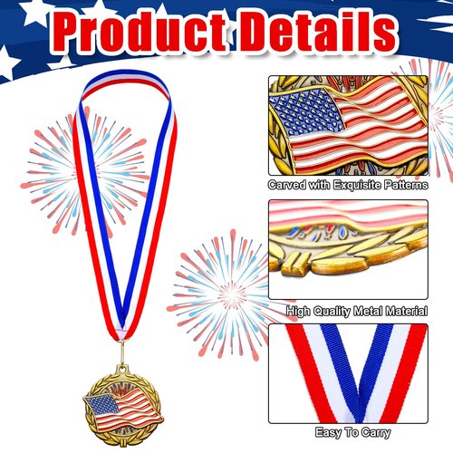 Loetere 30 Pack Gold Patriotic Medals 2'' American Flag Medals Bulk Trophy with Neck Ribbons Spirit Medallion with Stars Stripes USA Flag Independence Day Awards for Participation Prize Winner Gift