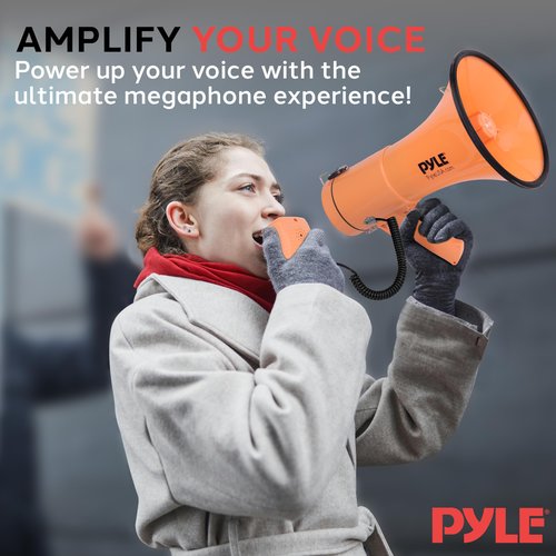 Pyle 50W Megaphone Bullhorn - Portable, Automatic Siren & Adjustable Volume,Projection Range Up to 1200 Square Yards, Aux Input, Talk, Siren, Music, Whistle, & Record, Shoulder Strap (Orange)