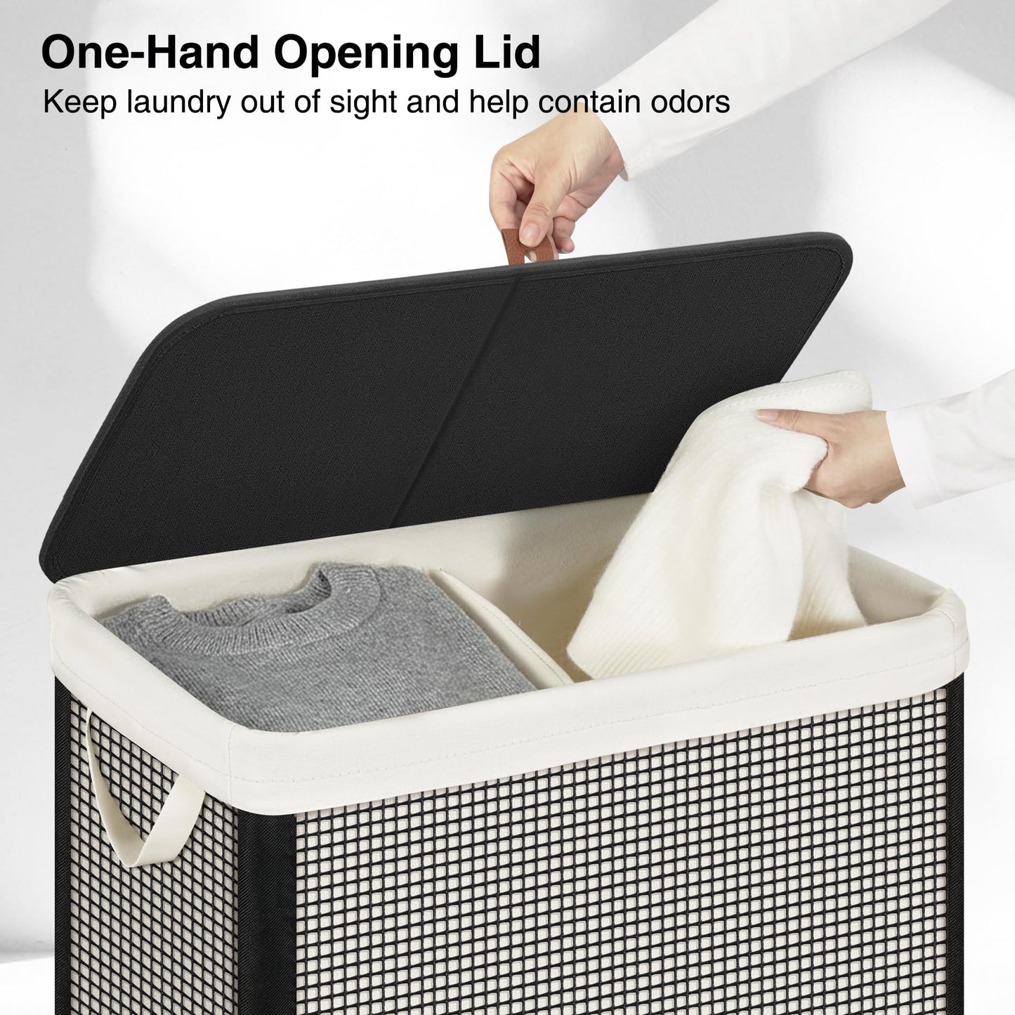STO STO Double Laundry Hamper with Lid, 140L Large 2 Section Laundry Sorter, Laundry Basket with Removable Washable Canvas Liner Bag, Breathable Clothes Hamper for Bedroom Bathroom Laundry Room Closet