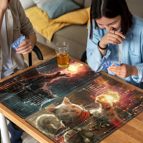 Playmat for MTG with Zones (2 Pack), Card Game Mat Non-Slip Rubber Base and Stitched, 24 x 14 inch TCG Play Mat for MTG and Other Card Games, Magic Cat