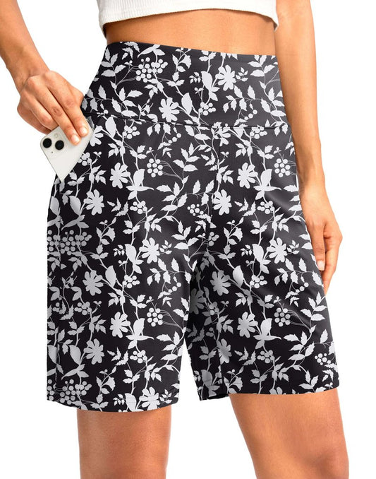 G Gradual Women's Bermuda Long Shorts with Pockets 7" High Waisted Knee Length Shorts for Women Walking Athletic Workout(White Flower-L7,XL)
