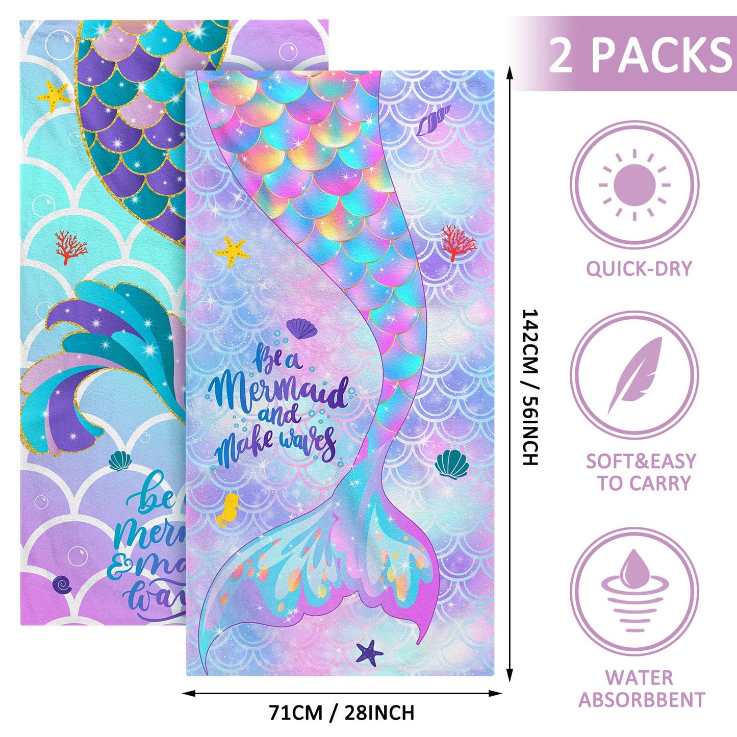 Yahenda 2 Packs Mermaid Beach Towel for Kids Quick Dry Beach Swimming Bath Pool Towel for Kids Girls Travel Shower Swimming Camping, 28 x 55 Inch