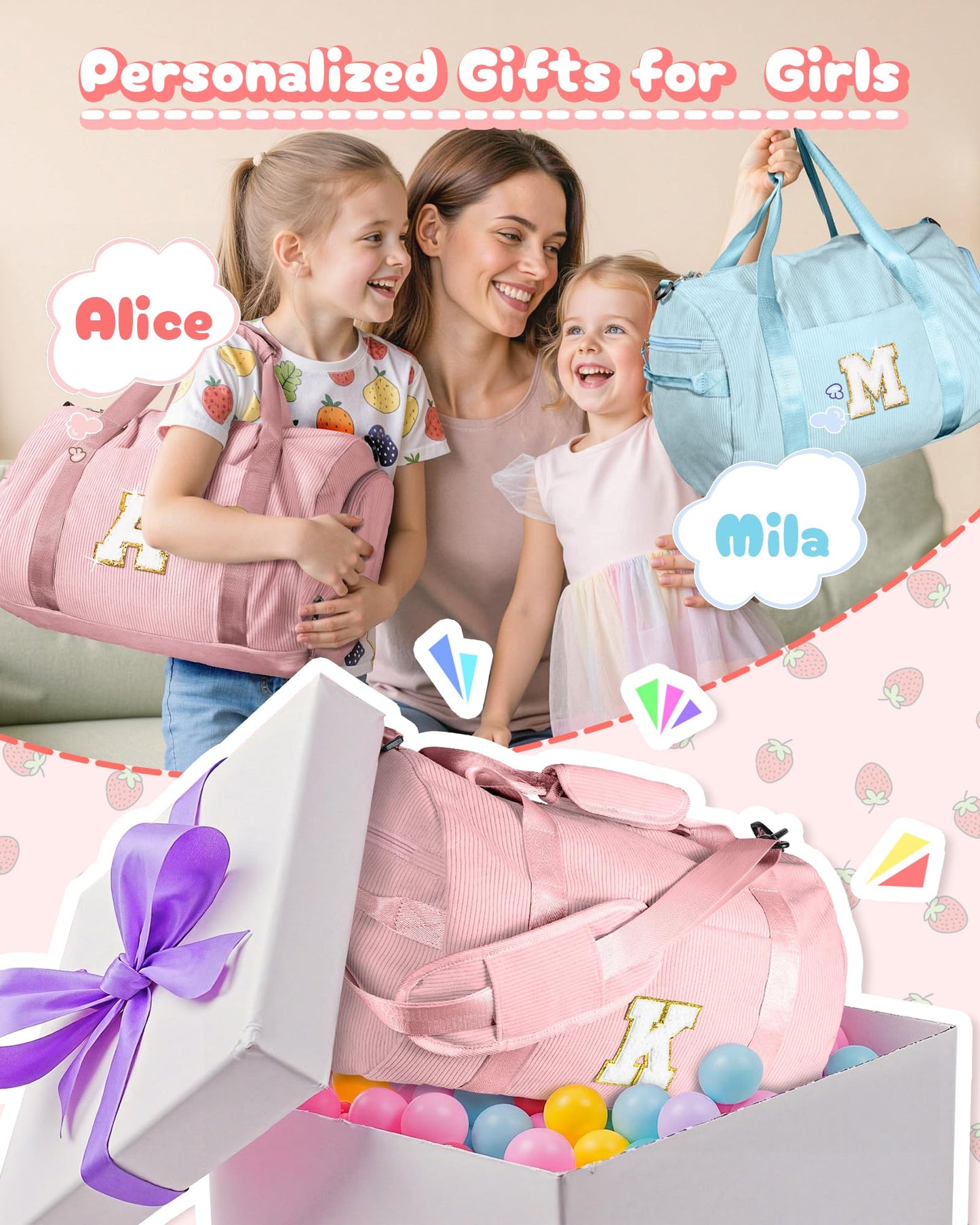 Vogewood Birthday Gift for Daughter, Girls Gym Bag, Kids Personalized Dance Bags with Shoe Compartment, Customized Travel Duffle with Toiletry Bag, Preppy Things for Girl 10-12 (Letter Z)