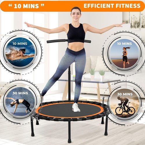 Kikihuose 50” Foldable Mini Trampoline for Adults, 330 LBS Bungee Rebounder Trampoline Indoor/Outdoor with T Shape Adjustable Foam Handle, Stable, Quiet Exercise Workout Equipment for Home Gym