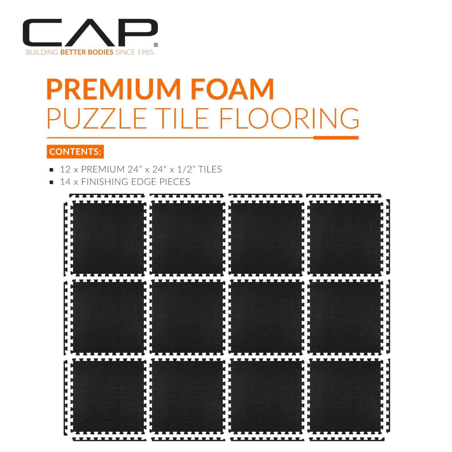CAP Barbell 1/2-Inch Interlocking EVA Foam Exercise Puzzle Mat Home Gym Flooring - 2 Pack | 24" x 24" x 1/2" | T Pattern - Black