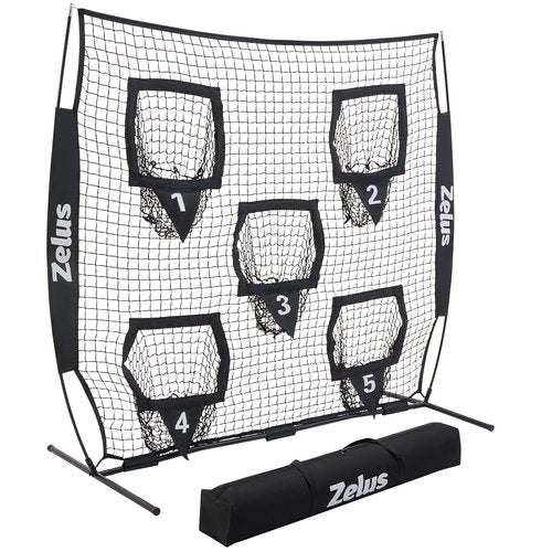 ZELUS 6 x 6ft Football Throwing Net, Quarterback Training Equipment with 5 Target Pockets, Football Practice Throwing Passing Accuracy Trainer with Carry Bag Ground Stakes, Black