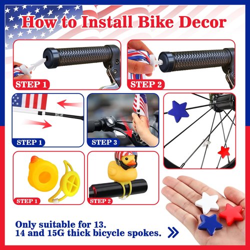4th of July Bike Decorations for Kids - Parade Patriotic Bicycle Decor, Red White Blue Bike Tassels Streamers, Tinsel, Rubber Duck, Wheel Spokes Beads, American Flags for Independence Day Party Favor