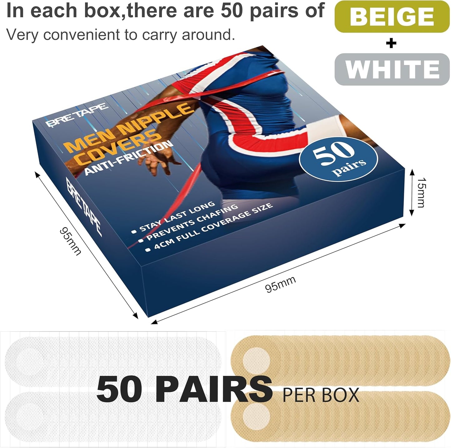 100Pcs (50 Pairs) Nipple Covers Men, No-Show Mens Nipple Guard Tape Anti-Chafing Nipple Covers for Men, for Running, Sports, and Daily Wear (Beige 25 Pairs + White 25 Pairs)