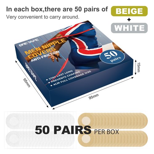 Bretape 100Pcs (50 Pairs) Nipple Covers Men, No-Show Mens Nipple Guard Tape Anti-Chafing Nipple Covers for Men, for Running, Sports, and Daily Wear (Beige 25 Pairs + White 25 Pairs)-V01