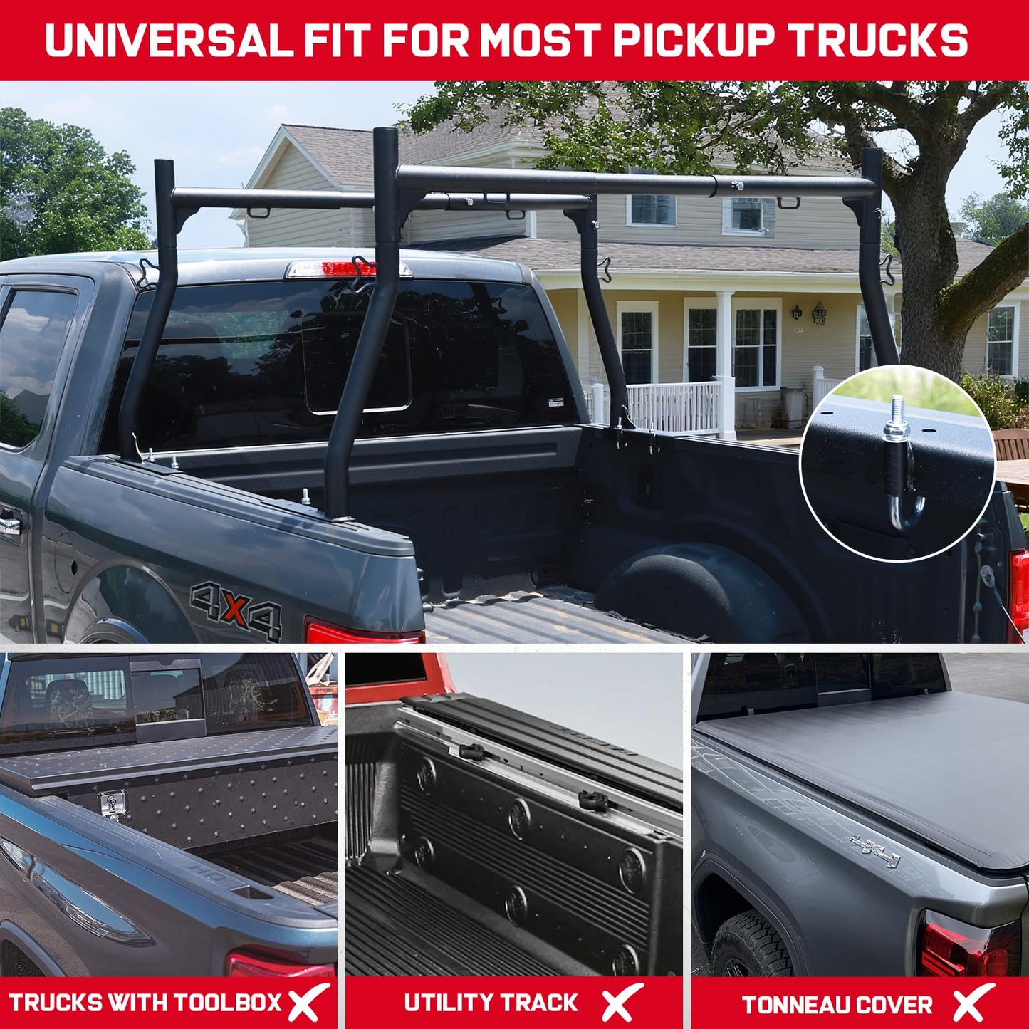 OTHOWE Truck Ladder Rack for Most Trucks - Universal Non-Drilling 46''-71'' in Width Truck Bed Rack with 800lbs Loading Capacity, Overland Ladder Rack for Kayak, Surfboard, Lumber, Ladder and More