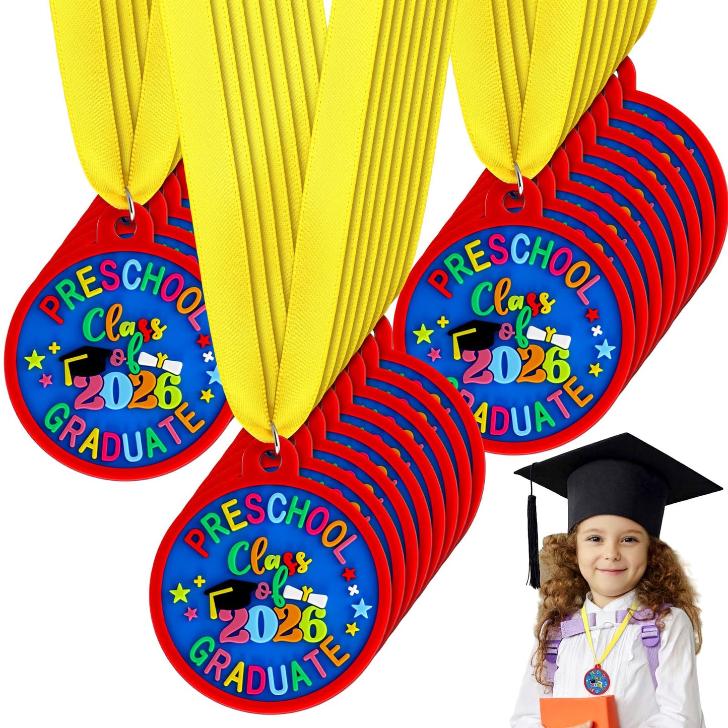 Sratte 36 Pcs Kindergarten Prek Preschool Graduation Medals for Kids, Bulk Kinder Pre-k Graduation Gifts with Yellow Ribbon, End of Year Student Gifts Party Favors Supplies, 2 Inch (Class of 2026)