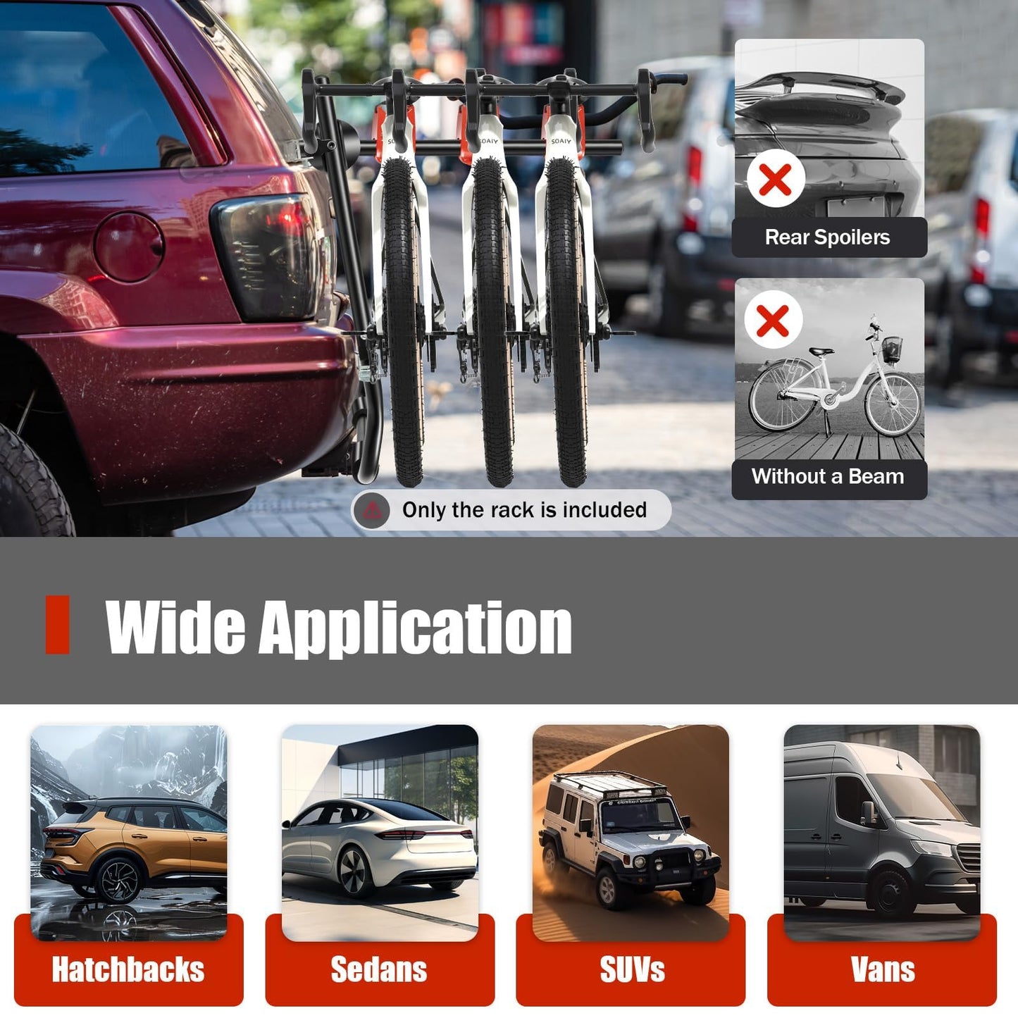 3-Bike Trunk Mount Rack, Bike Rack for Car with Fixed Strap
