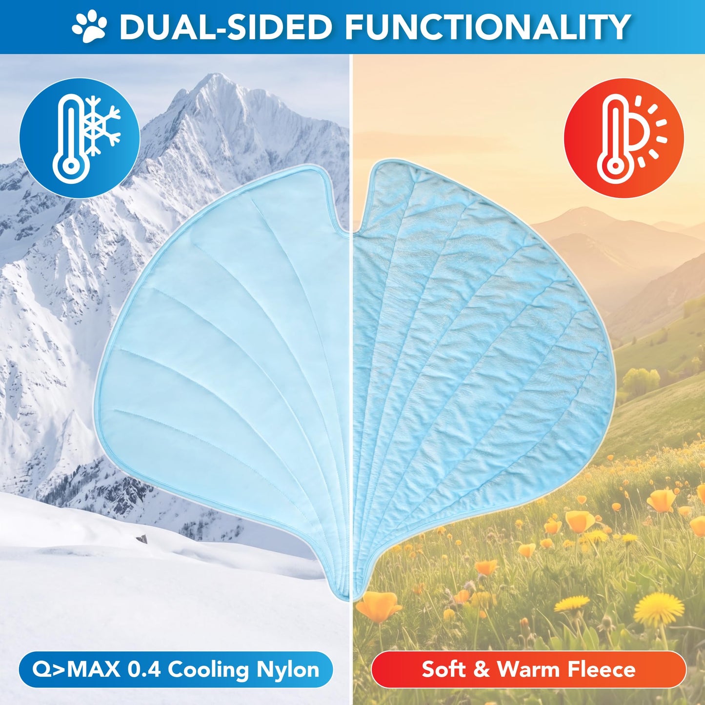 PetAmi Dog Cooling Mat, Ginkgo Leaf Shape, Pet Pad with Cooling Nylon & Soft Fleece, Q-Max > 0.4 Reversible All Season Blanket for Dogs & Cats, Medium 44x49 in, Light Blue