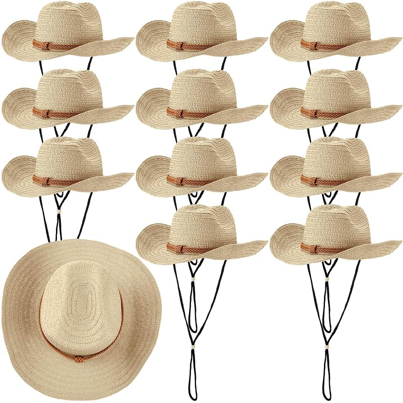 12 Pcs Beige Straw Cowboy Hats for Men & Women - Wide Brim Western Sun Hats (Variation: Beige)