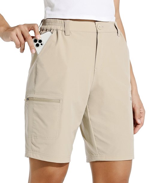 Willit Women's 10" Hiking Cargo Shorts Stretch Golf Active Long Quick Dry Outdoor Summer Shorts Khaki L