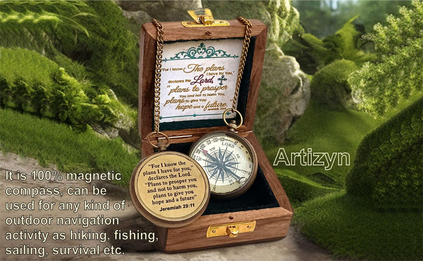 For I Know The Plans I Have For You Brass Magnetic Compass Engraved with Scripture Jeremiah 29:11, Directional Compass, Religious Gifts For Men, Easter Gifts For Teen Boys