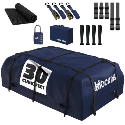 Mockins 30 CuFt Navy Waterproof Rooftop Cargo Bag For Use With or Without Roof Rack | 60"x43"x20" Vinyl Car Rooftop Cargo Carrier Bag | Car Topper Luggage Carrier Waterproof Set w/Straps, Hooks & More