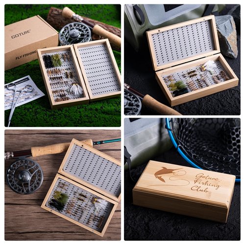 Goture Fly Fishing Flies Kit, 54pcs Dry Wet Flies Streamers Nymphs with Wooden Fly Box, Bass Trout Steelhead Salmon Lures Set Assortment Kit, Gifts for Men