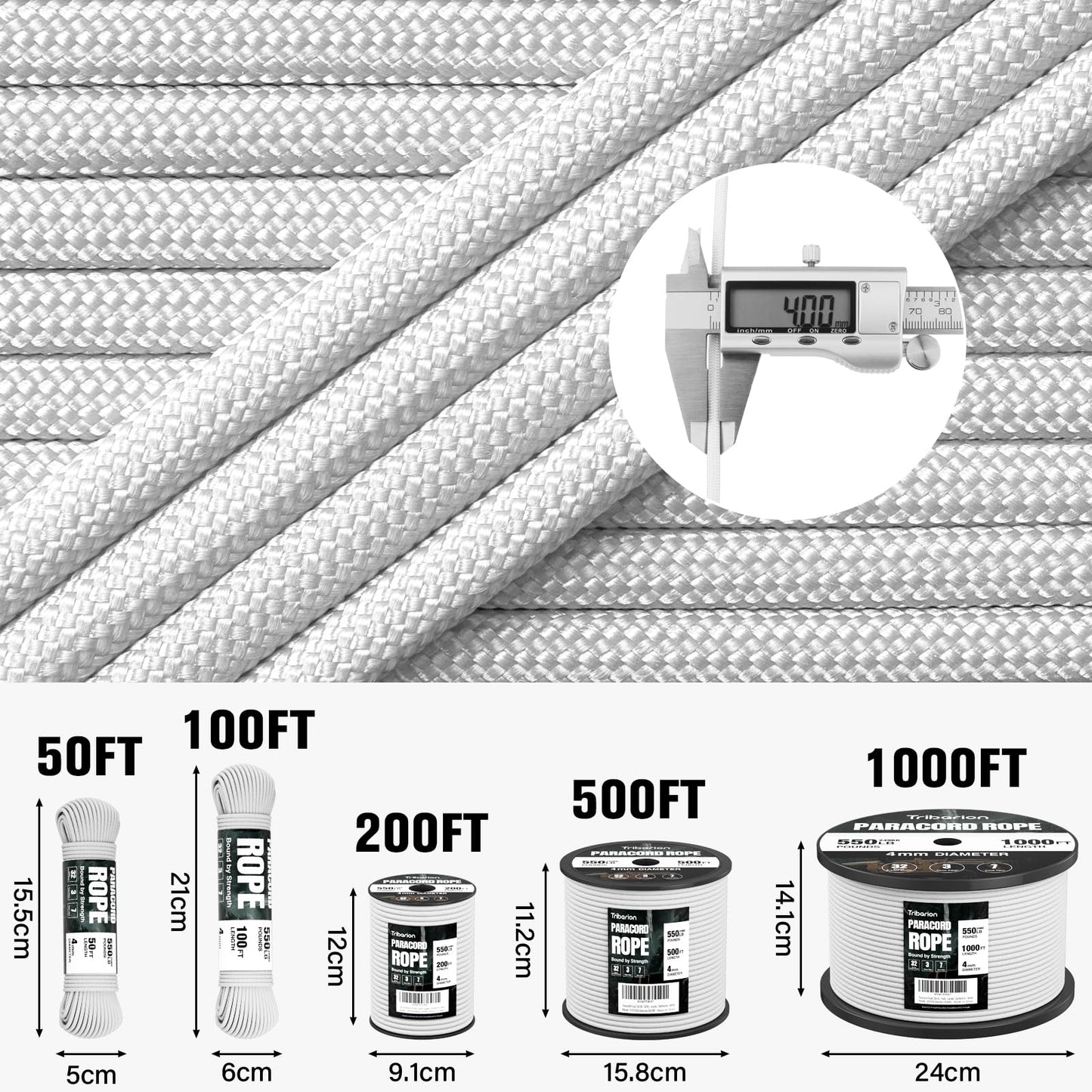 Paracord Rope 550 lb - 500ft 5/32" Parachute Cord 4MM 7-Strand para Cord - Heavy Duty Spool String for Survival,Camping Gear, Survival Bracelet, Clothesline - White
