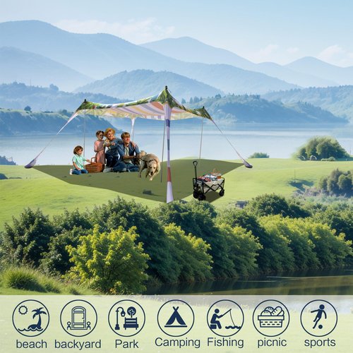 SUNWISHA Beach Tent Sun Shelter 10x10FT, Portable Shade Canopy UPF 50+, with 4 Aluminum Foldable Poles, Protection Beach Shade Canopy, Camping, Fishing, Picnics, Backyard Picnics