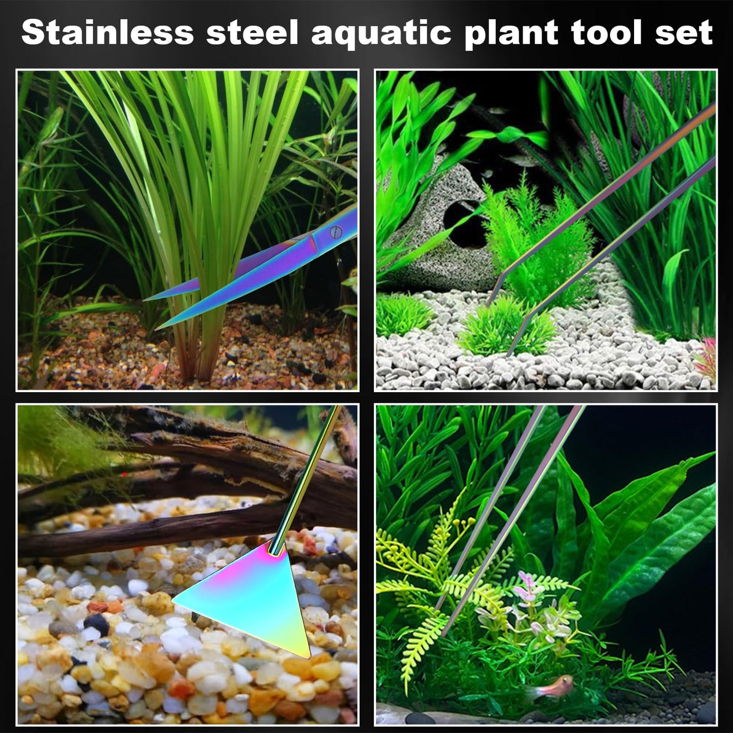 Funnytek 15Inch Extra Long Design Aquarium Aquascaping Tool Stainless Steel Aquascape Tool Kit 4 in 1 Anti-Rust Fish Tank Starter Kit with Long Tweezers Scissors Spatula for Aquarium Plants (Colorful)