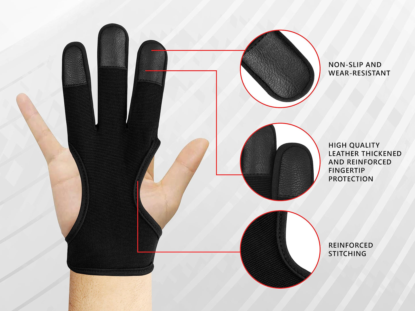 Mighty Musk Archery Glove Genuine Leather 3 Finger Protector for Recurve Bow Durable Shooting Gloves for Adult Archers (Black 4-Way Stretch Fabric, Medium)