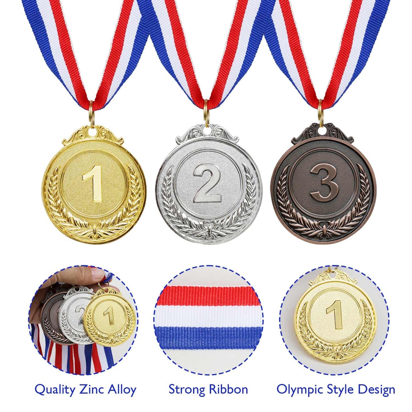24 PCS Gold Silver Bronze Award Medals with Ribbons ，Victor Medals for 1st 2nd 3rd，Medals for Awards Prepared to Sports Competitions Party Olympic Decorations and Olympic Style 2 Inches