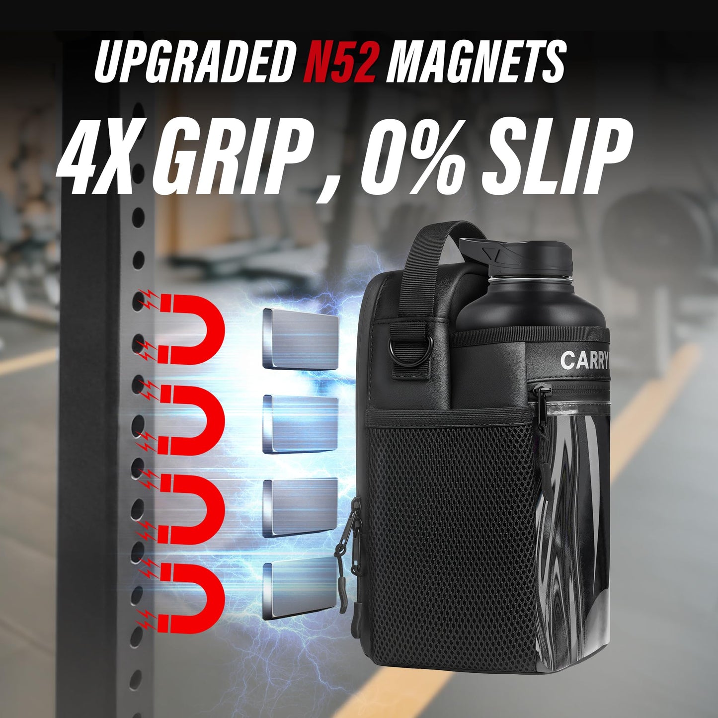 Magnetic Gym Bag, Gym Bags for Men and Women, Hands-Free Water Bottle Holder with Strap & Touchscreen Pocket, Attachable Water Bottle Bag for Treadmill, Workout & Fitness Equipment (No Bottles)