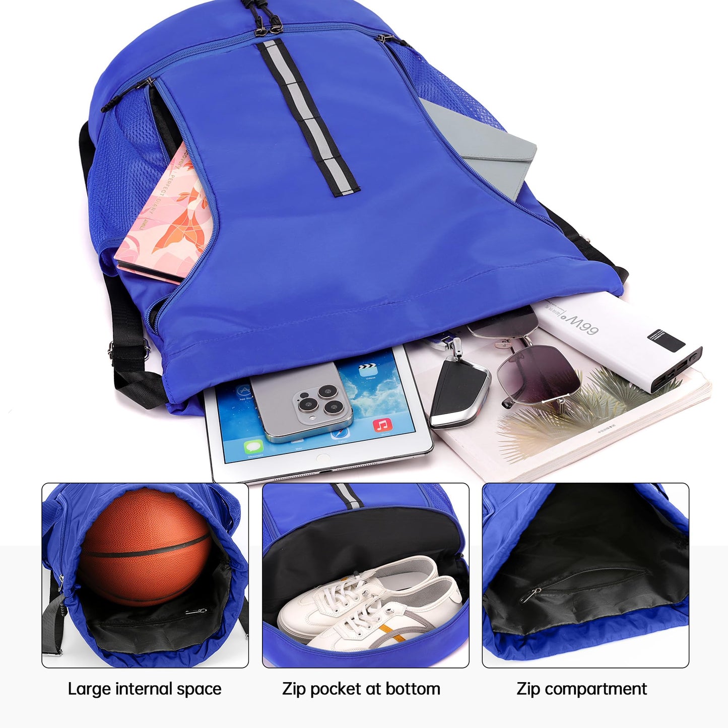 XMYAOWEI Sport Gym Bag Drawstring Backpack Beach Bag for Men Women with Shoe Compartment and Reflective Strips (Blue)