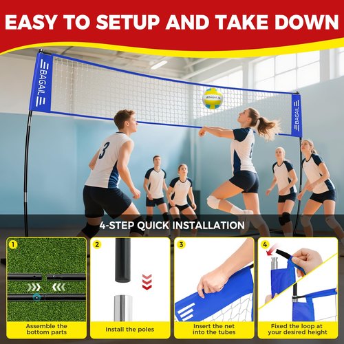 BAGAIL Volleyball Net, 12ft Portable Volleyball Net for Backyard - Adjustable Height, Heavy-Duty Frame, Freestanding Design - Portable Outdoor/Indoor Volleyball Set with Carry Bag - Blue