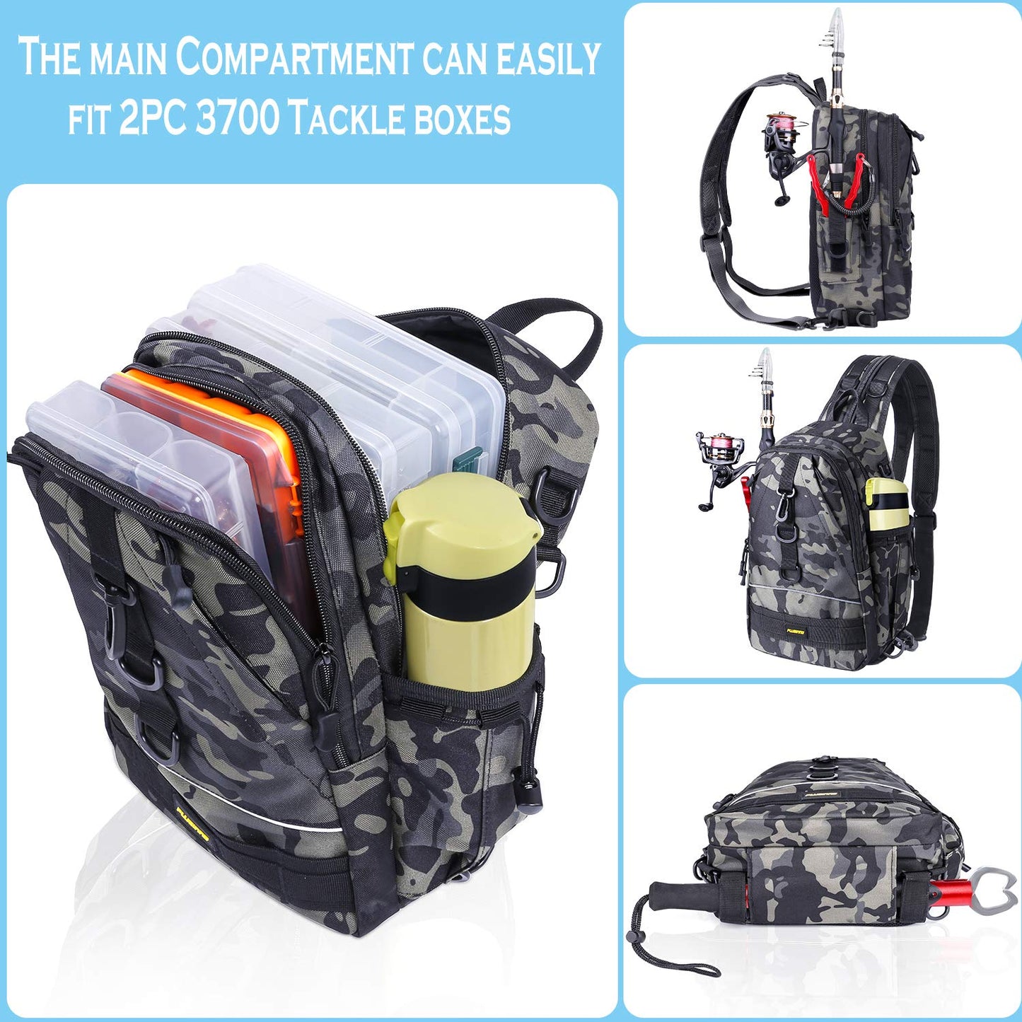 PLUSINNO Fishing Tackle Backpack Storage Bag，Outdoor Shoulder Backpack，Fishing Gear Bag，Water-Resistant Fishing Backpack with Rod Holder (Standard(14.6*8.7*5.5 inch)-Black CP)
