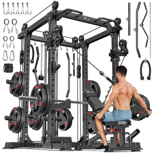 Power Cages Multi-Purpose Squat Rack with Cable Crossover System, Matching Weight Bench, Olympic Barbell Weight Set for Garage and Home Gyms (Black, L02-Power Cage+Weight Bench+Cast lron 308LBS)