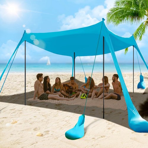 Beach Tent Sun Shelter 10x10FT Beach Shade Canopy with 8 Sandbags, UPF 50+ Protection Beach Shade Canopy, Outdoor Tent for Beach
