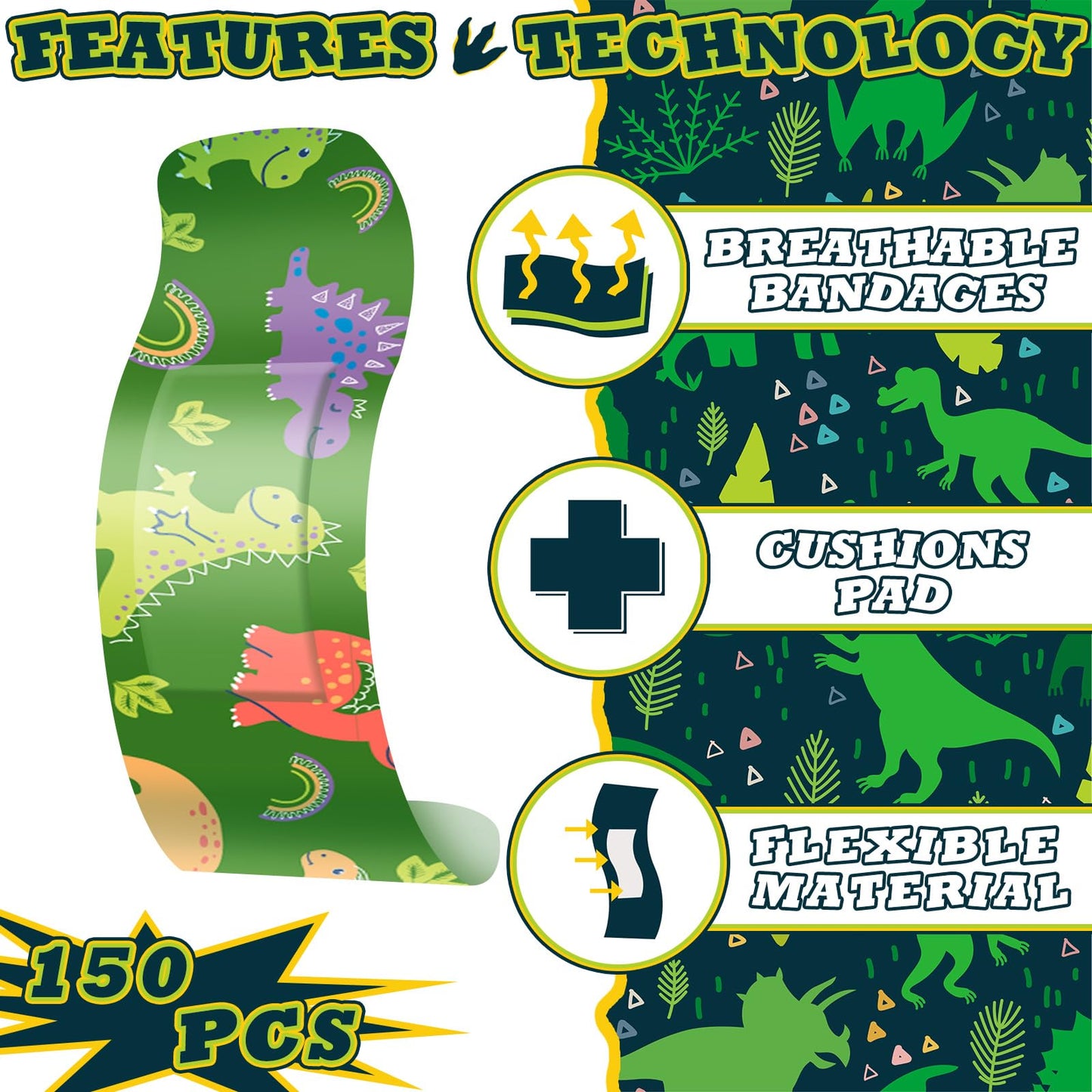 Estune 150 Pcs Kids Bandages Bulk Dinosaur 15 Styles Fun Back to School Gifts for Children Adhesive Colorful Flexible Cartoon Dinosaur Bandages Variety Pack for Kids Boys Girls Students School