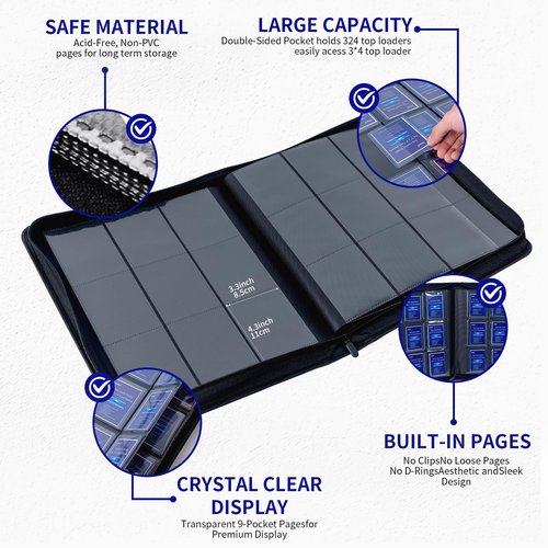 TRUGQ Toploader Binder Holds 324 Toploaders | 20 Toploaders |Waterproof PU Leather + Anti-Yellowing PP Inserts | Ridge Tab Sorting Portable top loader binder for cards (For Sports/Game Cards)