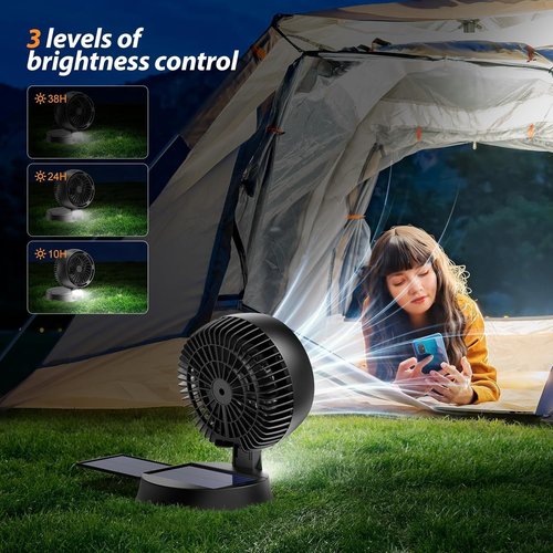 Apatner Rechargeable Solar Fan Outdoor for Camping - 10400mAh Battery Operated Fans Solar Portable Tent Fan for Greenhouse,LED Lantern,4 Speeds with PowerBank for Car,Ship,Carnival