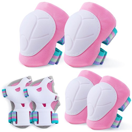 FIODAY Kids Knee and Elbow Pads Wrist Guards Adjustable Protective Gear Set for Girls Boys Inline Skating Biking Skateboard Scooter, Pink, 3-8 Years