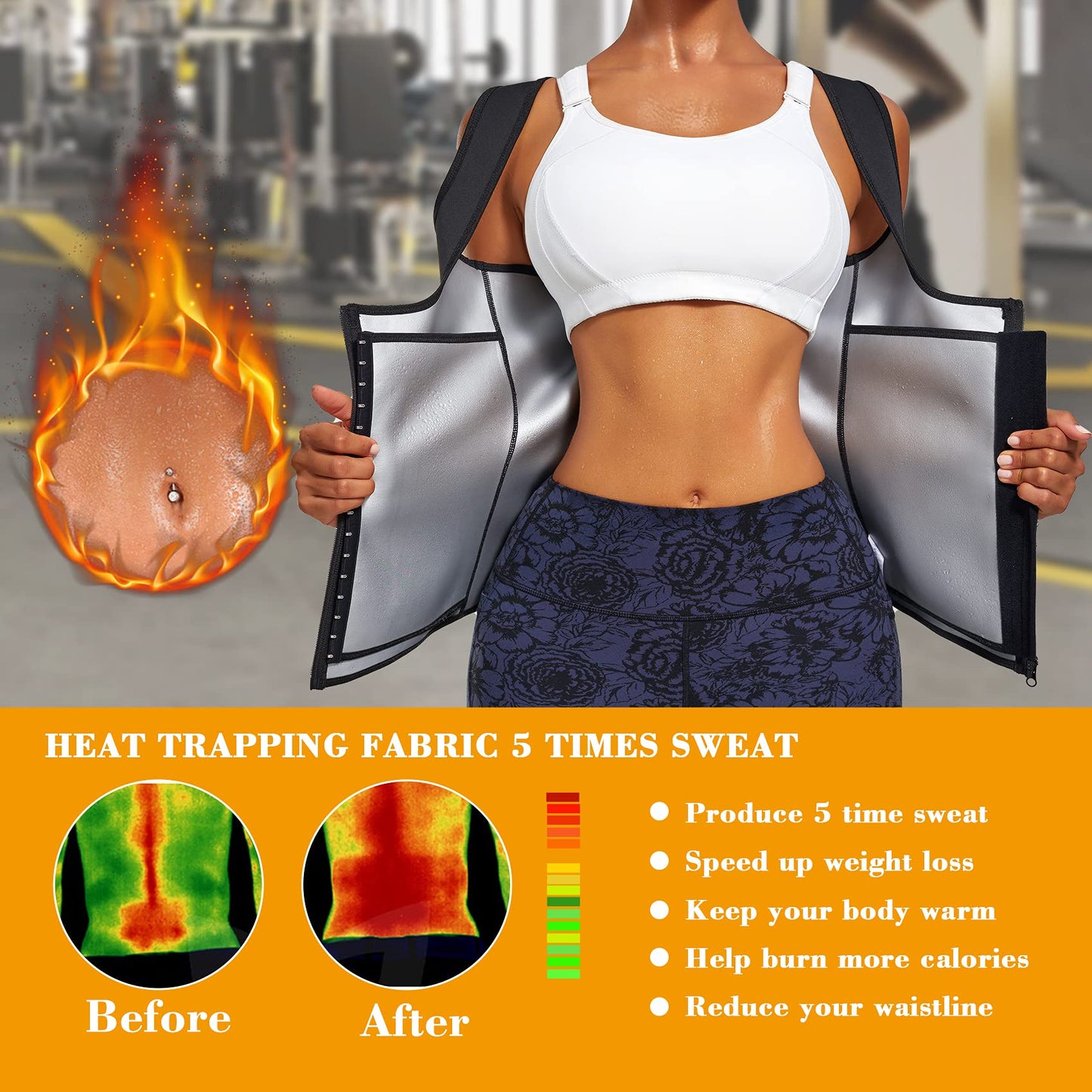 LANCS Sauna Suit for Women Sweat Waist Trainer Zipper Vest Cincher Body Shaper Corset Slimming Workout Tank Tops (Black, Large)