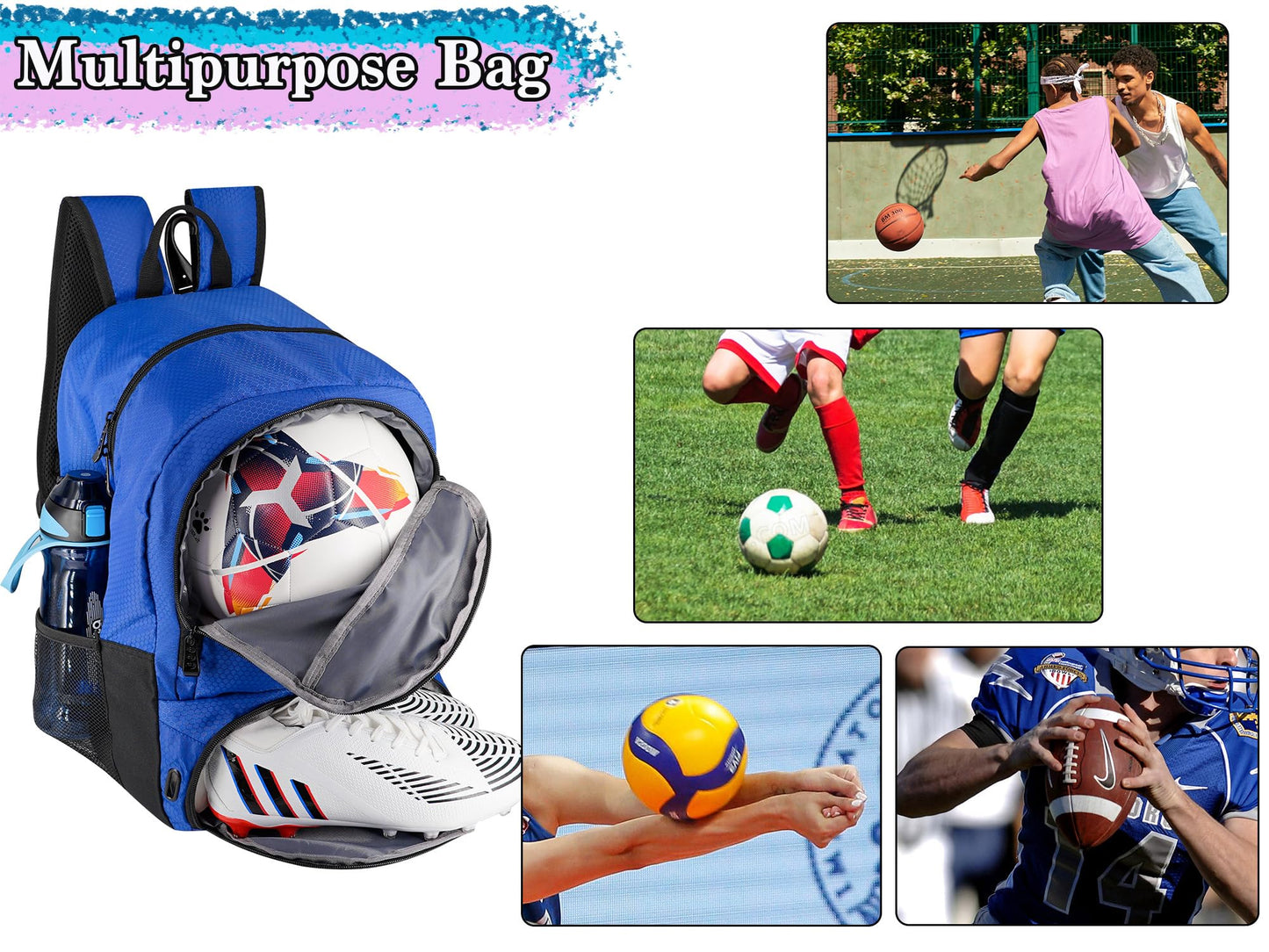 Moonlike Youth Soccer Bag, Soccer Backpack for Football Volleyball Basketball, Backpack with Ball Compartment and Ball Holder (Black)